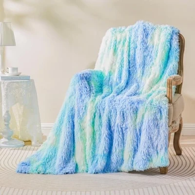 Imagen de EMME manta de piel sintética mullida, súper suave, gruesa y elegante, pelo largo, cálida acogedora, reversible, esponjosa para sofá cama (corbata verde azul, 130 x 150 cm)
