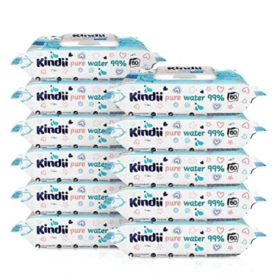 Imagen de Kindii Pure 99% Water Baby Wipes 720 Ct (pack of 12) Biodegradable Plastic Free Wet Unscented Alcohol Bulk