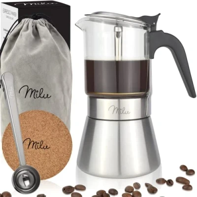 Imagen de Milu Cafetera Italiana inducción 4, 6 Tazas Moka de Acero Inox Vidrio, Expresso Maker Set comprensivo di sottobicchiere, cucchiaio, spazzola (4 tazze da 200 ml)