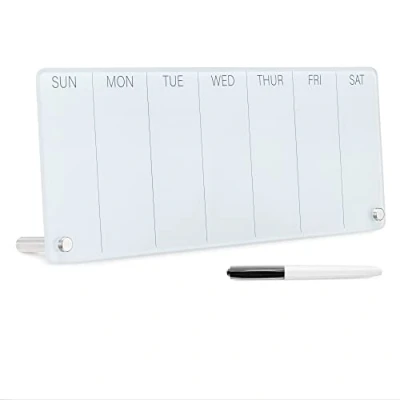 Imagen de Navaris Pizarra Blanca Planificador Semanal Tablero Cristal Templado con Calendario para Escritorio Rotulador Negro y Base Soporte