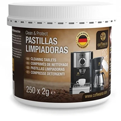 Imagen de 250 Pastillas limpiadoras Coffeeano Clean&amp;Protect para cafeteras automáticas y cafeteras. aptas todas las marcas electrodomésticos. Incluye un libro electrónico