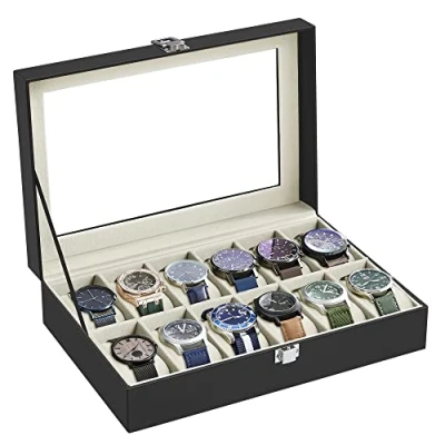 Imagen de SONGMICS JWB12BE Caja de reloj con 12 ranuras para reloj, pantalla, tapa cristal, almohadillas extraíbles, cerradura metal, revestimiento negro y forro color beige verdoso