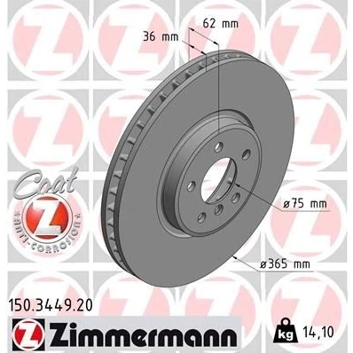 Imagen de ZIMMERMANN COAT Z 150.3449.20 Disco de freno 365 36 6/5 5 120 ventilación interna revestido altamente carbonizado BMW: X6, X5