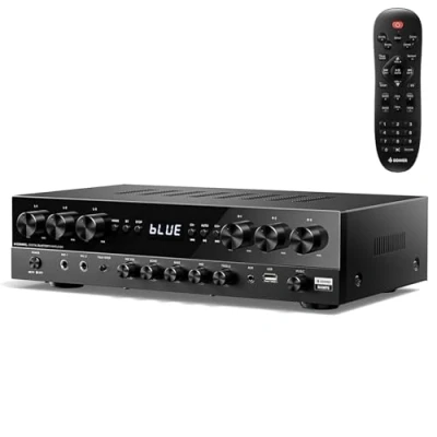 Imagen de Donner Amplificador de Audio para el Hogar, 6 Canales con Potencia Máxima 1000 W Bluetooth 5.3, USB, FM, 2 Entradas Micrófono, RCA, Entrada Fibra/Coaxial Karaoke, MAMP6