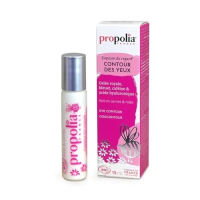 Imagen de PROPOLIA Bio Contorno de ojos Cuidado descansante, antiarrugas y corrector Jalea real, aciano, marrón india &amp; cafeína Fabricado en Francia Roll on 15 ml