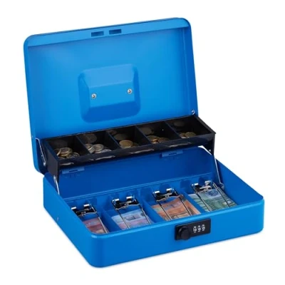 Imagen de Relaxdays Caja Dinero, Combinación 3 Números, Bandeja para Monedas y 4 Espacios Billetes, Cajita Efectivo, Azul, Acero, 8,5 x 30,5 24,5 cm