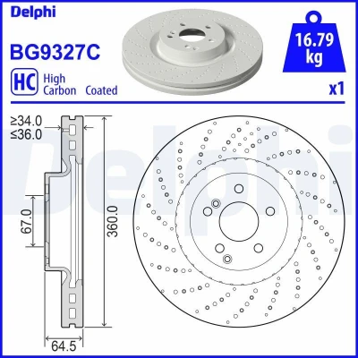 Imagen de DELPHI BG9327C Disco de freno 360 36 5 ventilado, perforado revestido altamente carbonizado sin cojinete rueda, anillo sensor ABS