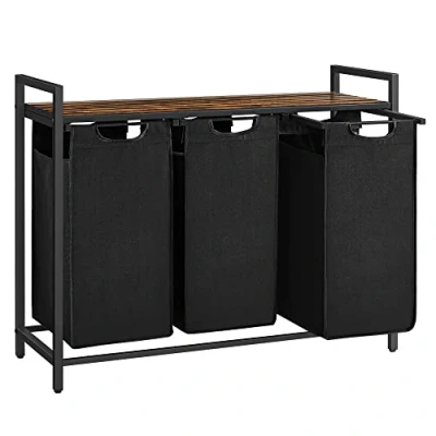 Imagen de VASAGLE Cesto para Ropa Sucia, Cesta Colada, 3 Bolsas Colada de Tela Oxford Extraíble y Desmontable, Estante, Marco Metálico, x 38 L, 92,5 33 72 cm, Marrón Rústico Negro BLH301B01
