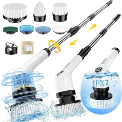 Imagen de FYDEE Cepillo Electrico Limpieza Hogar, Hogar con 7 Cabezales Reemplazables y Impermeable IPX7, Fregadora Giratoria Eléctrica, para del Baño, Suelos, Azulejos