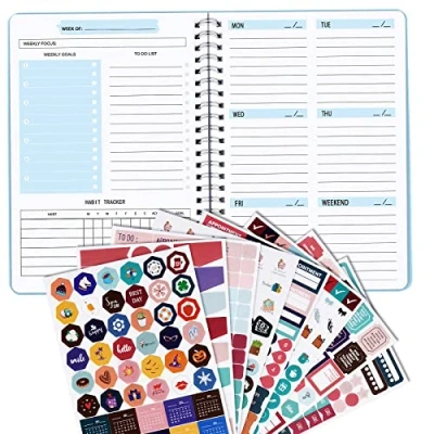 Imagen de GEBETTER Agenda Planificador Semanal A5 Sin Fecha + 497 Pegatinas, Cuaderno Organizador Espiral, Weekly Planner, Lista de Tareas Planificación Productividad Vida Trabajo Estudio (Azul)