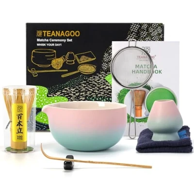 Imagen de TEANAGOO Juego de Té Japonés (7pcs) Batidor Matcha Tazón con pico vertedor bambú. N11, Verde Gradiente Rosa