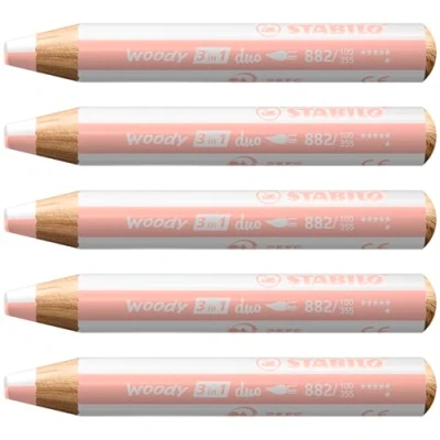 Imagen de STABILO Lápiz de color, cera y acuarela woody 3 en 1 duo Mina bicolor Caja con 5 unidades Colores blanco/albaricoque