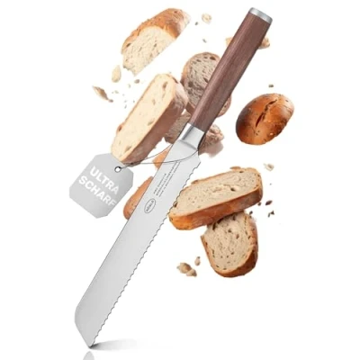 Imagen de RÖSLE Masterclass cuchillo de pan, cocina para cortar panecillos y baguettes. Hecho en Solingen. Con filo dentado, hoja acero especial madera nogal