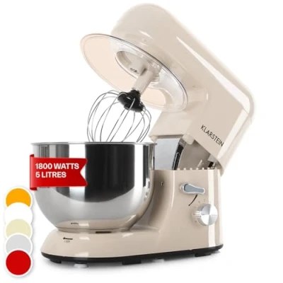 Imagen de Klarstein Batidora Amasadora con Bol 5L para Hornear, Robot Cocina, Reposteria 1800W, Gancho y Mezclar, Electrodomesticos Cocina Varillas Rotación Planetaria 6 Velocidades