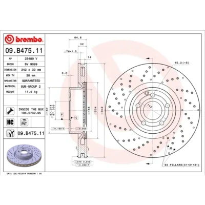 Imagen de BREMBO COATED DISC LINE 09.B475.11 Disco de freno 342 32 5 perforado/ventil. int. revestido altamente carbonizado con tornillos