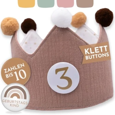 Imagen de BJORKI® corona de cumpleaños para niña y niño muselina, botones velcro con números del 1 al 10, reversible niña, niños,
