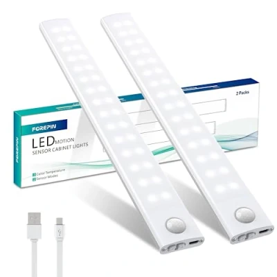 Imagen de Forepin Luz Armario, LED con Sensor de Movimiento 60LEDs 4 Modos Adhesiva USB Recargable Nocturna para Armarios, Cocina, Escaleras, Garaje, Pasillo, Dormitorio, 2 Piezas