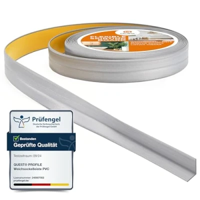 Imagen de Quest Rodapiés Flexible Autoadhesivo Rodapié Plegable para Cocina Baño Cinta de sellado Perfil PVC Estanco Decorativo 10 mm x 5 Metros Plata