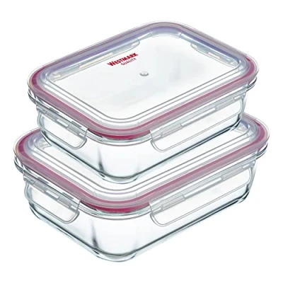 Imagen de Westmark 2 recipientes de cristal con tapa clip, volumen llenado: 370 ml + 640 ml, herméticos, congeladores y microondas, aptos para horno, sin BPA, vidrio/plástico/silicona, transparente/rojo,