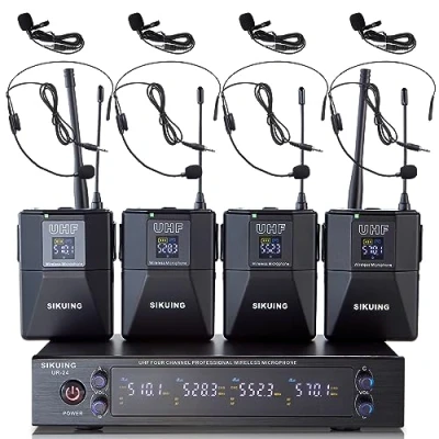 Imagen de SIKUING 4 canales UHF sistema de micrófono inalámbrico con micrófonos diadema Lavalier, 4x50 frecuencias ajustables, ideal para Karaoke Reunión Iglesia, 300ft Rango (4 Bodypack)