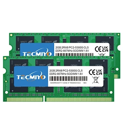 Imagen de TECMIYO 4GB Kit (2x2GB) DDR2 RAM PC2 5300S 667MHz 2RX8 Dual Rank 5300 667 1.8V 200Pin Sdram SODIMM Non ECC Unbuffered Módulo de Memoria para portátiles
