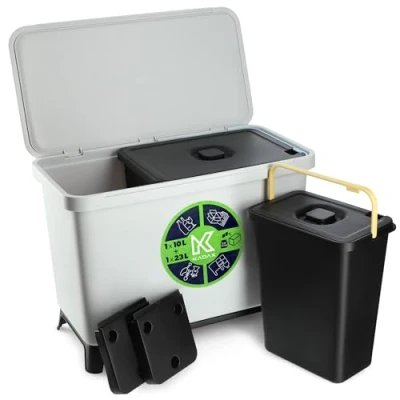 Imagen de KADAX cubo de basura con tapa abatible, rectangular plástico, asa transporte, para separación basura, cesta (gris 10 L + 23 L)