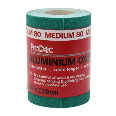 Imagen de ProDec Rollo de papel lija abrasivo óxido aluminio verde grado medio grano 80 5 m para lijar madera, pintura, yeso, relleno, metal y más, 115 mm ancho compatible