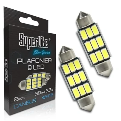 Imagen de Superlite Set de 2 Bombillas Plafonier 9 Leds, 39 mm 23W la Gama Blue Series Tecnología CanBus Luz Blanca Ideal para Coche y Camión