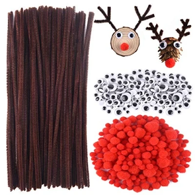 Imagen de CHRORINE Juego de 830 limpiapipas navideños para Manualidades, 150 Marrones Chenilla, 360 Ojos saltones, 320 Pompones Rojos Manualidades Renos