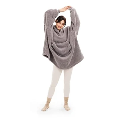 Imagen de HOMELEVEL Manta Sudadera Gris XL Sherpa Hoodie de Poncho Unisex con Bolsillos, Capucha y Manga Larga Lavable, Cálida Extragrande