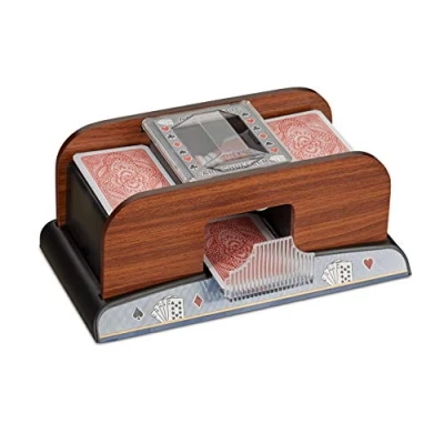 Imagen de Relaxdays Mezclador automático de cartas 2 juegos póquer Rummy que funcionan con baterías en óptica madera, naturaleza, para tarjetas 8,8 x 6,3 cm