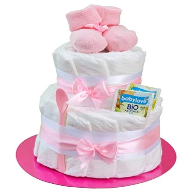 Imagen de Tarta de pañales para niña 2 pisos en color rosa con calcetines bebé, regalos nacimiento la madre, bautizo o fiesta bebé Idea regalo recién nacidos Incluye