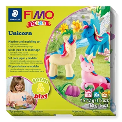Imagen de STAEDTLER 8034 19 LZ03 FIMO Juego de arcilla polimérica para niños Form&amp;Play Playtime &amp; modelado &quot;Unicorn&quot; (paquete 4 bloques, calcomanías, herramientas y escena fondo)