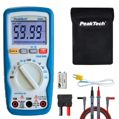 Imagen de PeakTech 3320 Multímetro digital RMS NCV con alarma de vibración, 6000 cuentas, portátil, voltímetro, rango automático, probador continuidad, medición, corriente CAT III 600 V