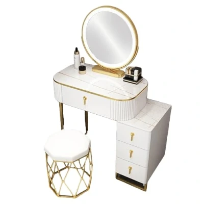 Imagen de SJDUYD Tocador, tocador con Taburete tapizado y Espejo LED, cajones Grandes, Moderno de Madera para Dormitorio, Mesa Maquillaje Escritorio Blanco White,70cm