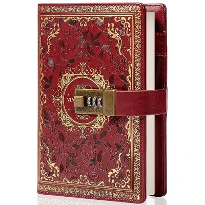 Imagen de TIEFOSSI Cuaderno de cuero vintage con cerradura combinación, diario secreto flores en relieve B6, papel rayado para escribir, regalo mujeres y niñas (vino)