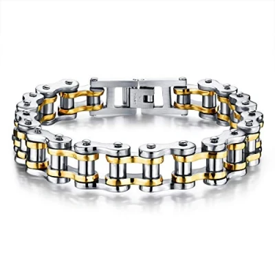 Imagen de ATEIELLI Pulsera de Hombre Brazalete Acero Inoxidable Cadena Bici Plateado Dorado JWB301 (Plata dorado, 20)