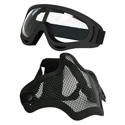 Imagen de Aoutacc Juego de máscaras y Gafas Airsoft, máscara Malla Acero Completa Media Cara para CS/Caza/Paintball/Disparos (Black Mask)