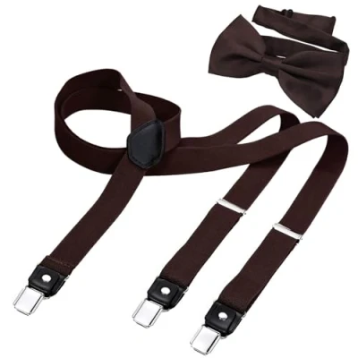 Imagen de DonDon Conjunto de tirantes estrechos y pajarita para hombre, forma Y, ancho 2,5 cm, hecho a mano Elegante accesorio boda, fiesta, smoking Marron
