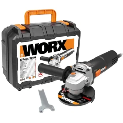 Imagen de WORX Amoladora angular WX718 de 900 W. compacta con mango ajustable y adicional sin vibraciones para lijar cortar. Diámetro del disco 125 mm. Velocidad ralentí 12000/m