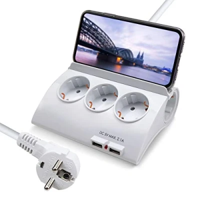 Imagen de EXTRASTAR Regleta con 5 Enchufes y 2 Puertos USB e Interruptor, Cable de Alimentación 1,5 Metros, Enchufe Eléctricas Protección para niños Europe, Blanco, 3680W 230V 16A