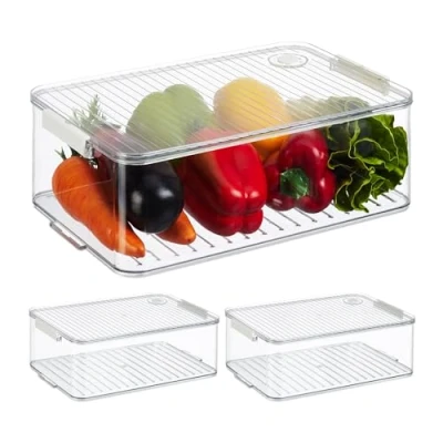 Imagen de Relaxdays Juego Organizador Nevera, Set de 3, Almacenaje Alimentos, Caja para Frigorífico, 10,5 x 21 33 cm, Transparente