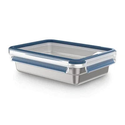Imagen de EMSA Recipiente para alimentos con cierre de clip y cierre, rectangular, capacidad: 1,2 l, sostenible, ligero, a prueba fugas, heladas, apto lavavajillas, horno, acero inoxidable,