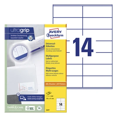 Imagen de Avery 3477 Pack de 100 hojas con etiquetas imprimibles polivalentes, 105 x 41 mm
