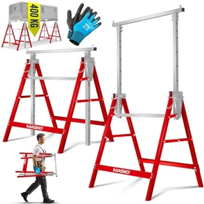 Imagen de MASKO® Caballete de trabajo Telescópico, Capacidad Carga máx. 200 kg, Andamio, Regulable en Altura 800 1300 mm, incl. Guantes, Juego 8 Plata/Rojo