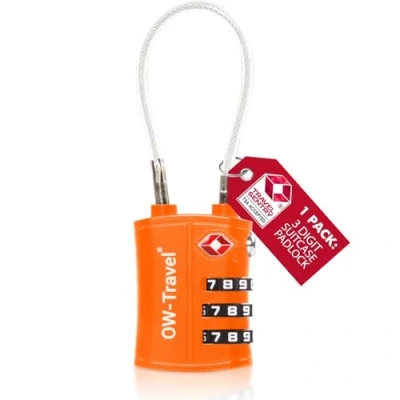 Imagen de OW Travel candado Combinacion Cable Acero Flexible Anti robo. maleta TSA numerico 3 Digitos. Candados mochila y maletas. Taquilla Gimnasio. seguridad equipaje Naranja 1