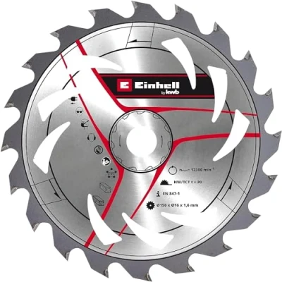 Imagen de Einhell Hoja de sierra circular original (150 x 16 mm, accesorio para sierras, diámetro 150 soporte 20 dientes restringidos, ancho corte 1,6 con carburo tungsteno,
