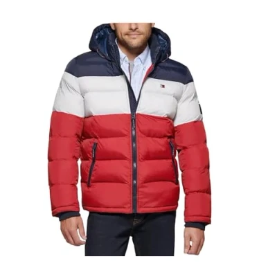 Imagen de Tommy Hilfiger Chaqueta acolchada con capucha para hombre, Medianoche/Blanco/Rojo, X Large