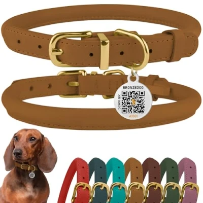 Imagen de BRONZEDOG Collar de cuero enrollado para perro con placa identificación por QR ajustable, collares redondos suaves perros pequeños, medianos y grandes, cachorros gatos (marrón claro, 18 25
