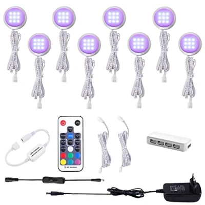 Imagen de AIBOO Cocina LED RGB debajo de la lámpara del gabinete con control remoto inalámbrico RF, Iluminación empotrada ultradelgada redonda para armario, Luces escaparate 12V 16W(Paquete 8)